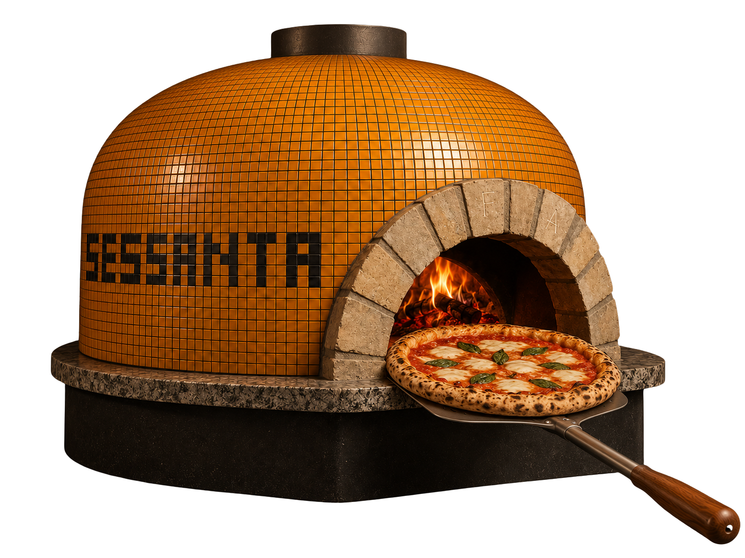 Gemauerter Kuppelofen, gefliest in Orange, die dunklen Fliesen bilden den Schriftzug Sessanta. Im Ofen brennt ein Feuer, davor liegt eine Pizza auf dem Schieber.